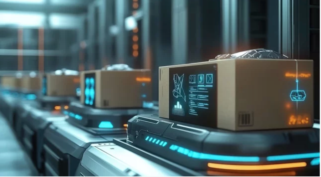 A group of boxes on a conveyor belt
Description automatically generated