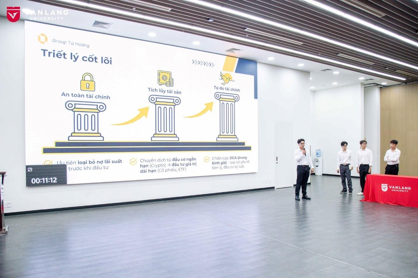 May be an image of text that says 'NLANG UNIVERSITY Ime Group Tử Hoàng Triết lý cốt lõi 1 >>>৯৯>>> An toàn tài chinh Tich ủy tài san Tự tài chinh ន loại bo ông 1Ợ lãi suất trước khi đầu tư 00:11:12 Chuyền đầuc ngán Cry! đấutugia สลิมธบ dài hạn! ophieu, ET-I Chiến cDCA CA (trung binhg giál- oai ออมิง tám ai Uật VANLANG VNIVERSITY'