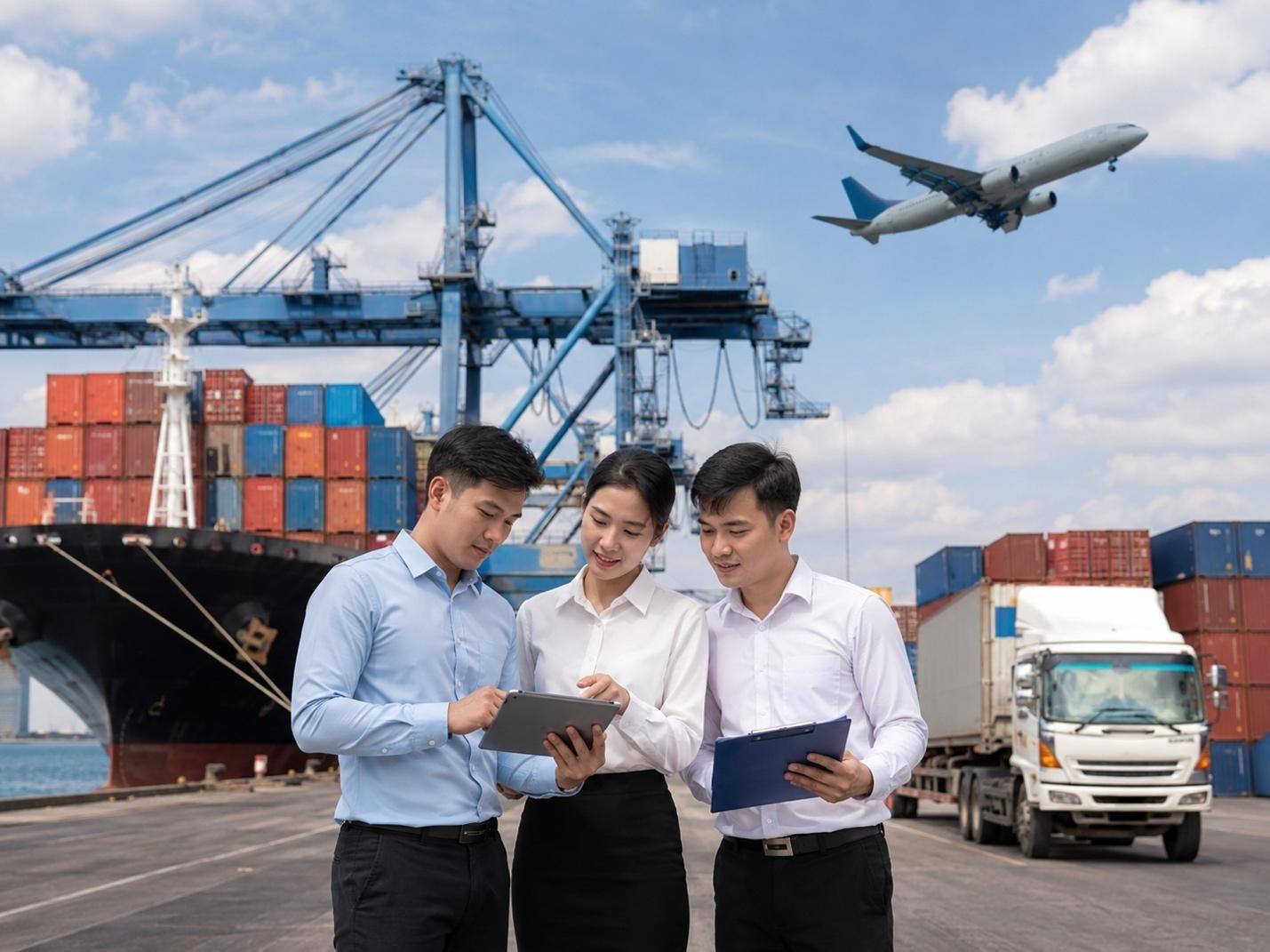 A group of people standing in front of a container ship
AI-generated content may be incorrect.