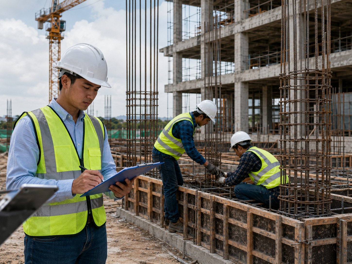 Hình ảnh minh họa năng lực QA/QC trong xây dựng, từ việc kiểm tra vật liệu, hạng mục thi công đến ghi nhận hồ sơ nghiệm thu và kiểm soát chất lượng công trình.