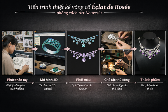 Sơ đồ tiến trình thiết kế vòng cổ Éclat de Rosée phong cách Art Nouveau sử dụng hình ảnh thật