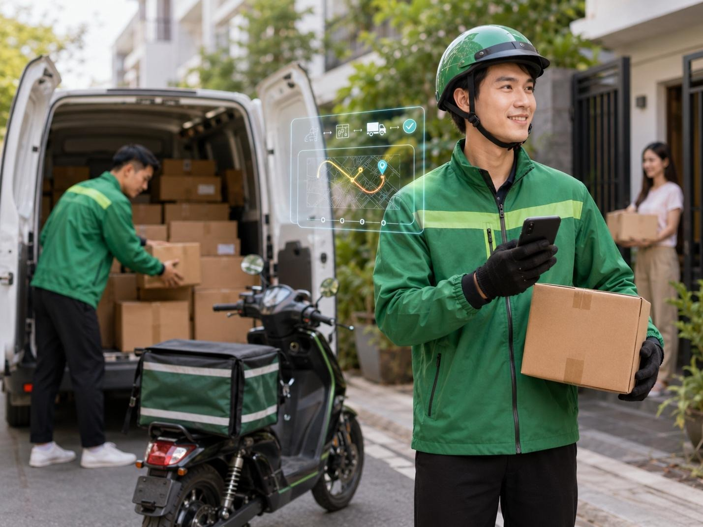 A person in green uniform holding a box and a motorcycle
AI-generated content may be incorrect.